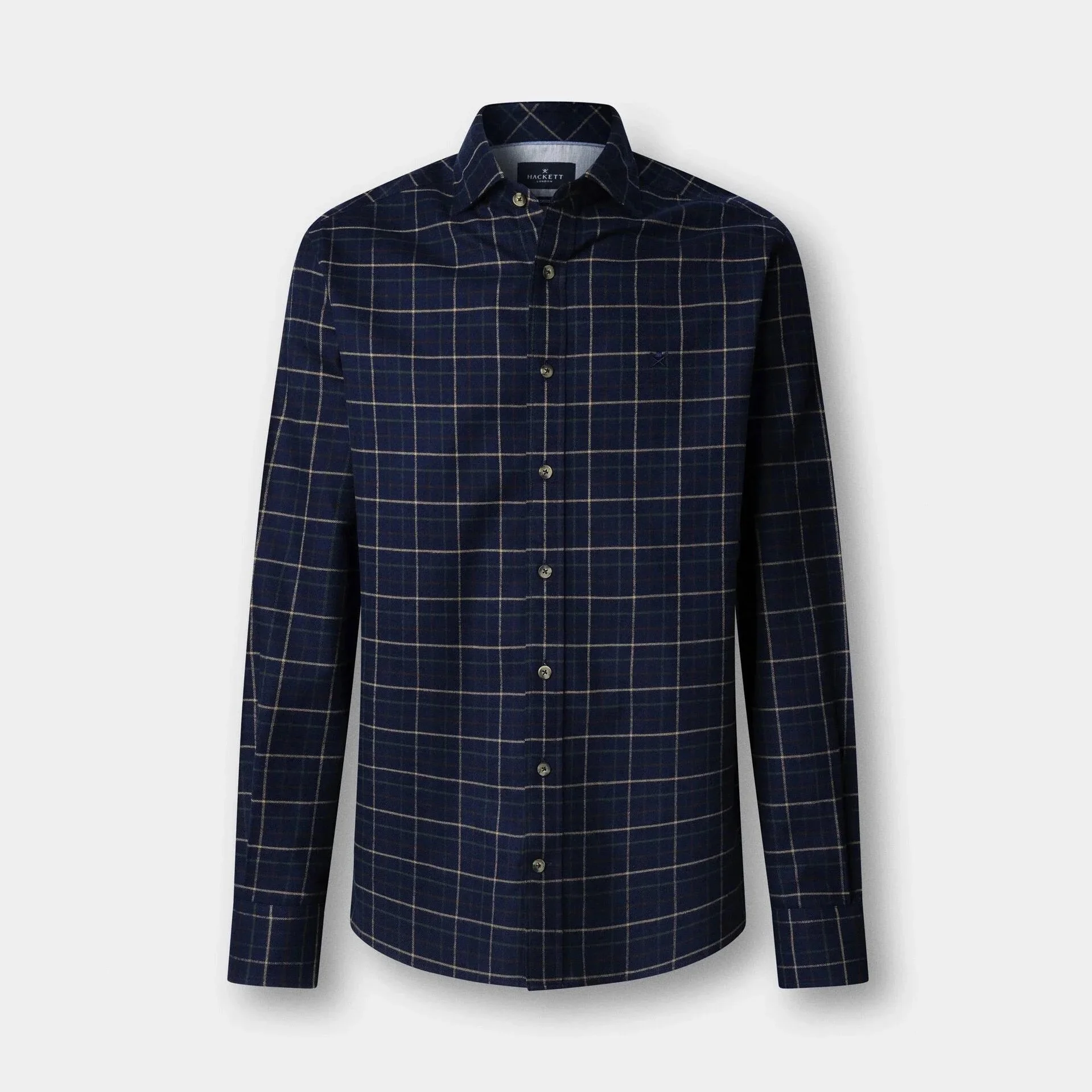 Flat View of Hackett Slim Fit Flannel Check Shirt in Navy and Multi