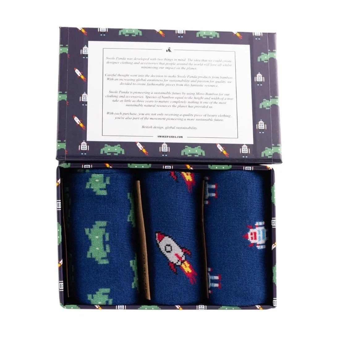 Boxed View of Swole Panda Outer Space Socks Gift Box 3 Pack