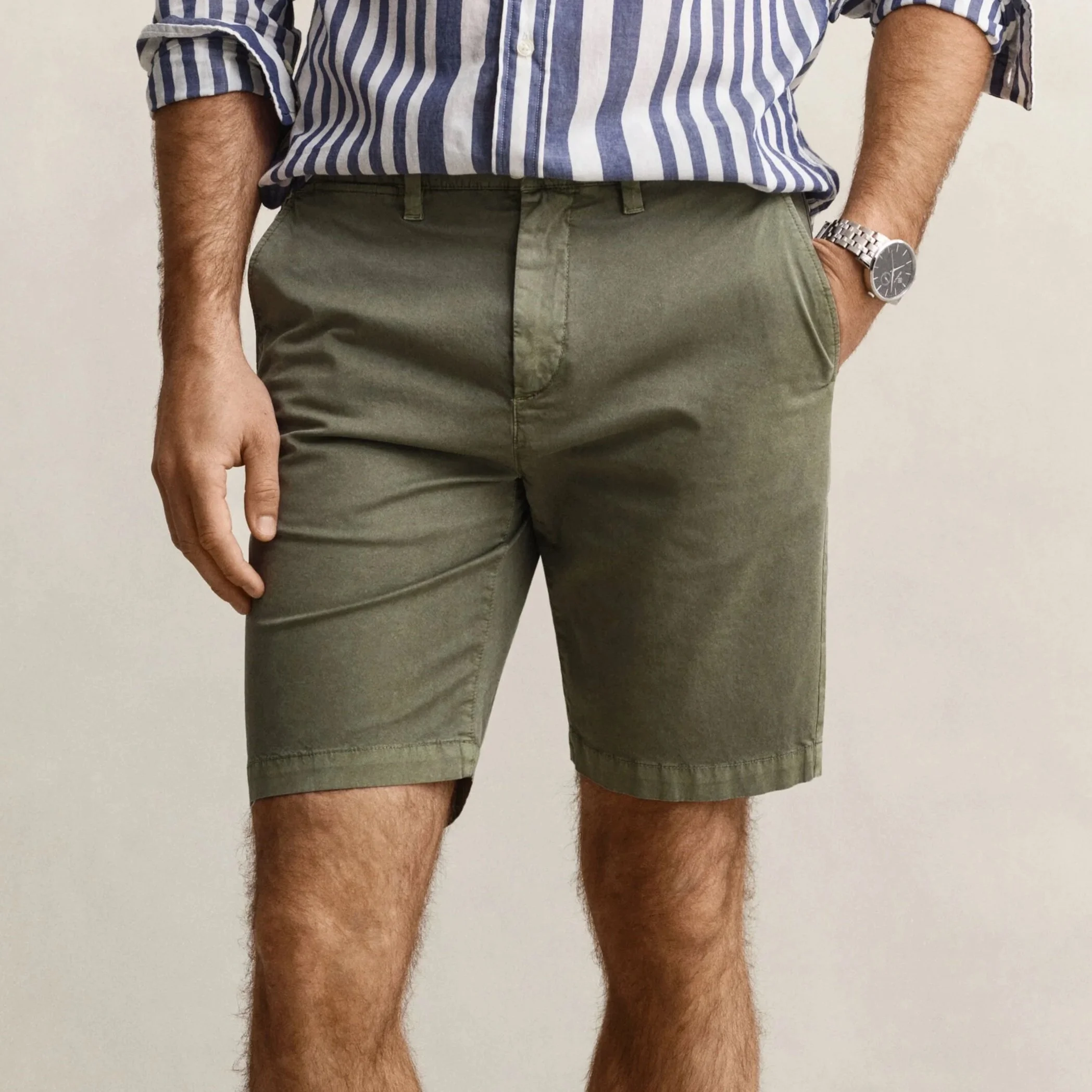 Model View of GANT Regular Fit Sunfaded Chino Shorts in Olive Green