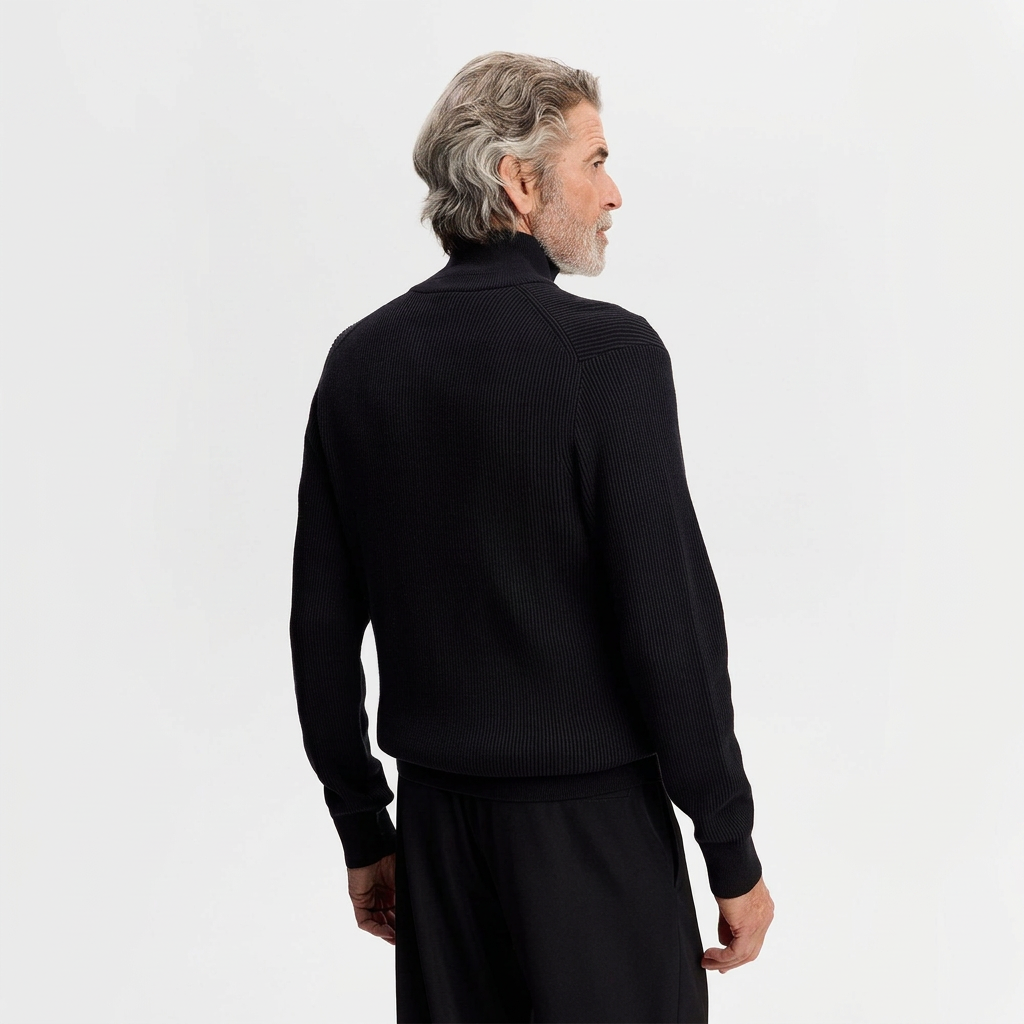 Back View of Model in J Lindeberg Alexis Full Zip Cardigan in Black