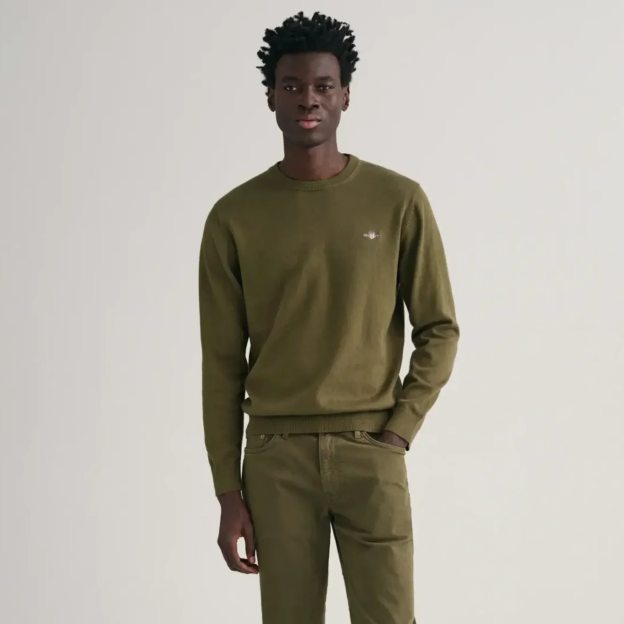Model View of GANT Fine Cotton Crew Jumper in Olive Green