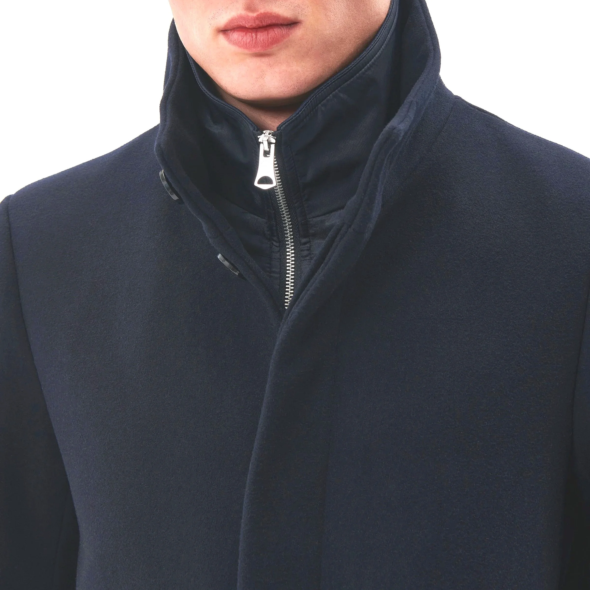 Close Model View of Matinique Slim Fit Funnel Neck Coat in Navy