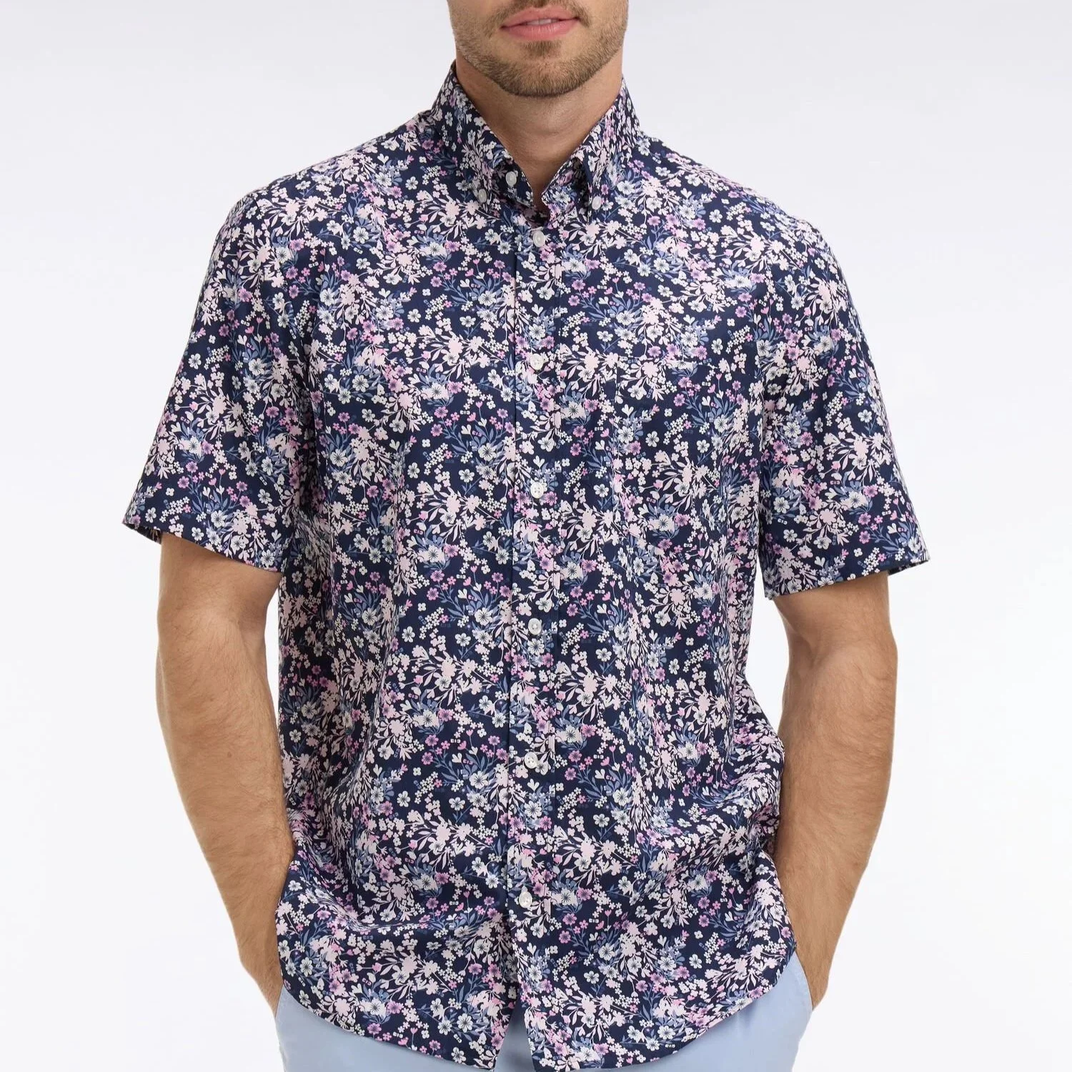 Model View of Eden Park Floral Short Sleeve Shirt in Navy and Pink