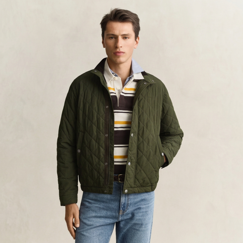 Front View of Model in GANT Quilted Jacket in Dark Moss Green