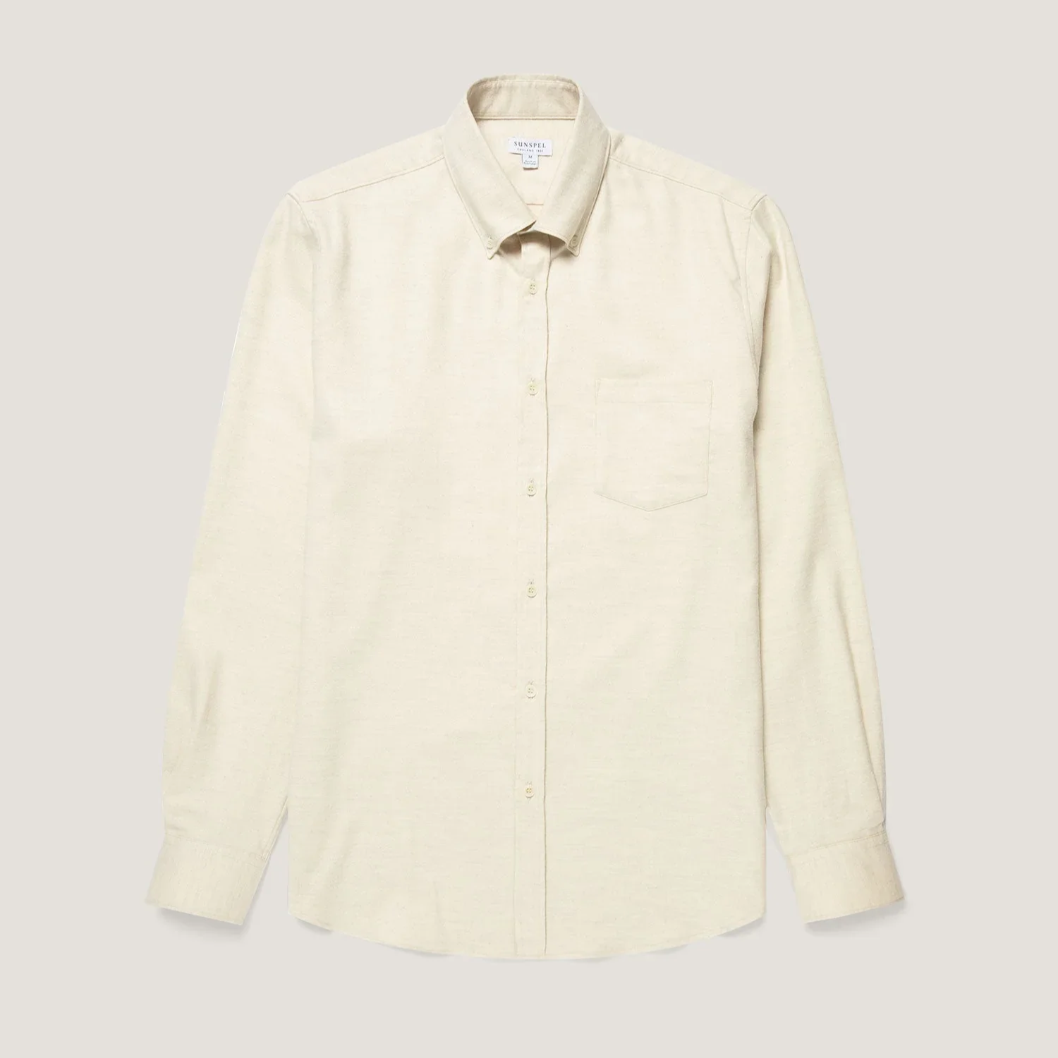 Flat View of Sunspel Luxury Brushed Cotton Flannel Shirt in Ecru Melange