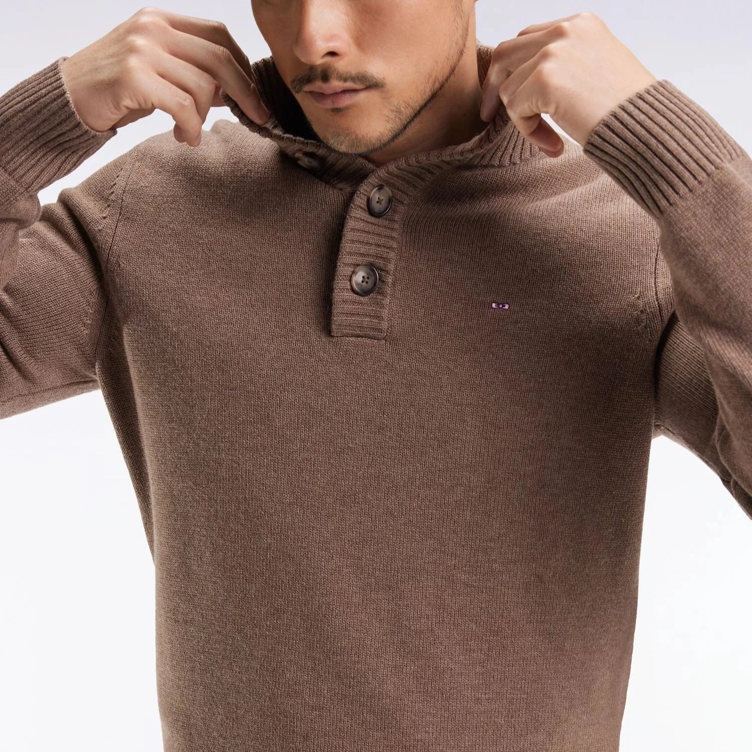 Close up Model View of Eden Park Wool Mix Button Front Jumper in Mid Brown