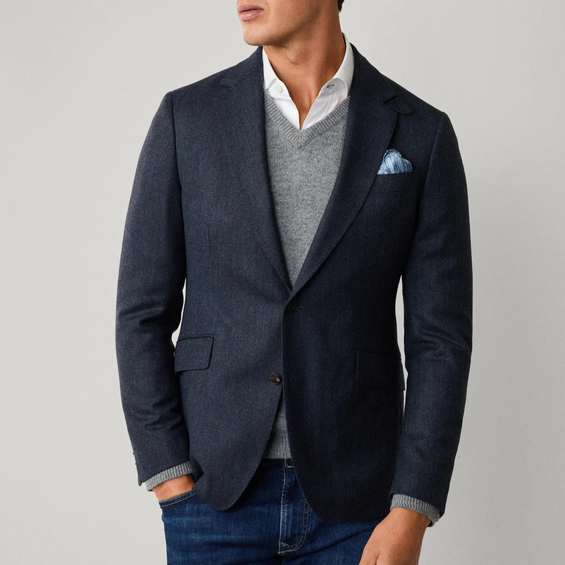 Model View of Hackett Tonal Herringbone Blazer in Navy