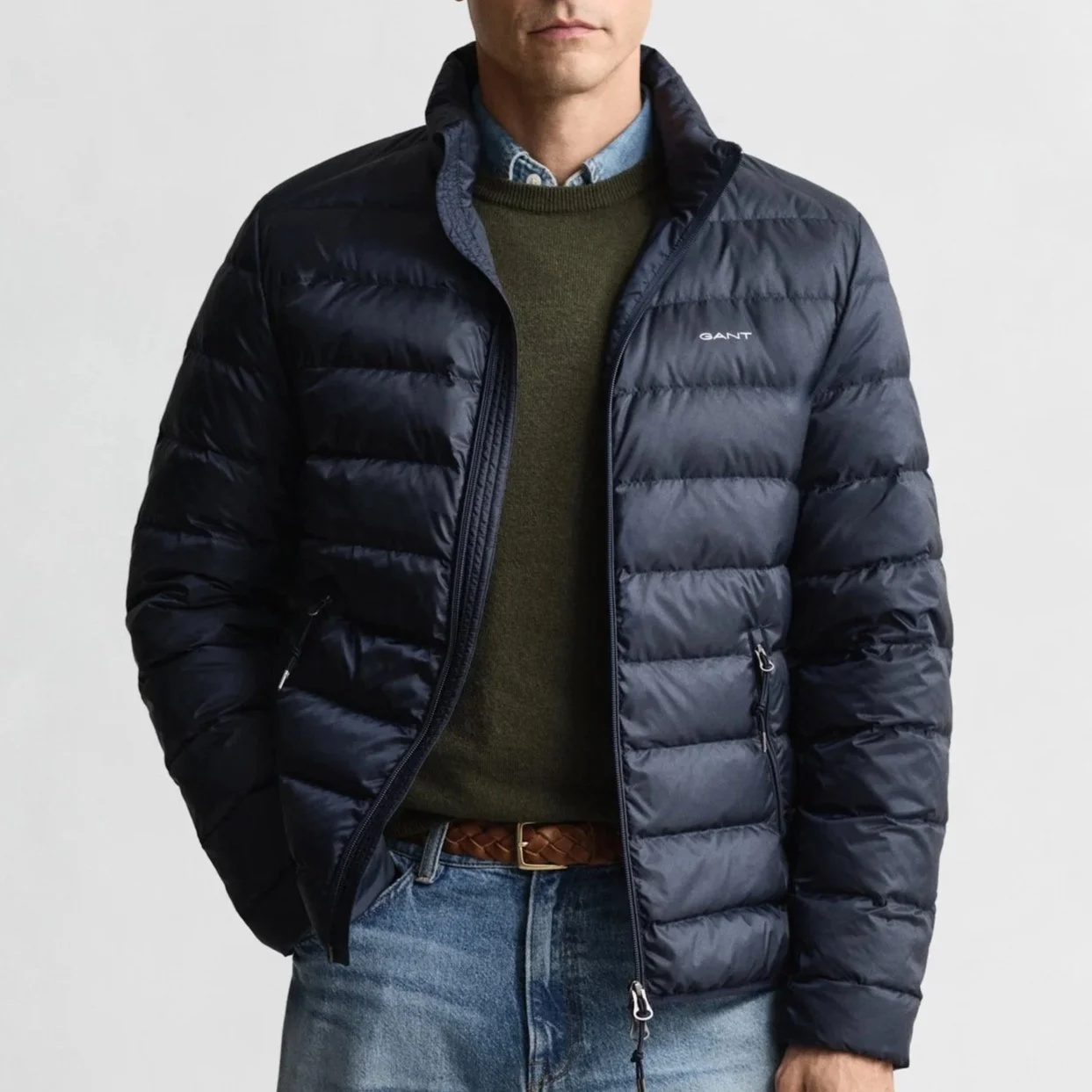 Model View of GANT Lightweight Down Jacket in Navy