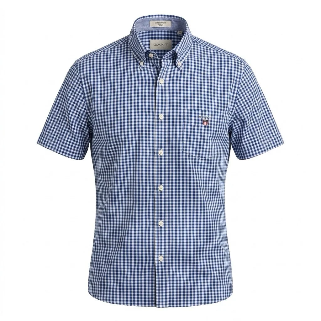 Flat View of GANT Check Poplin Short Sleeve Shirt in Blue