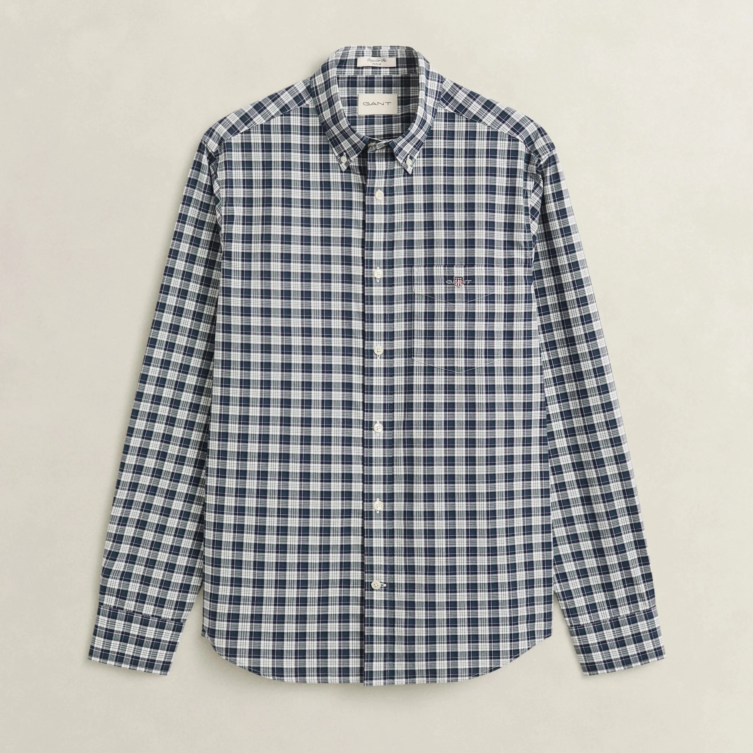 Flat View of GANT Regular Fit Poplin Check Shirt in Dark Emerald Green and White