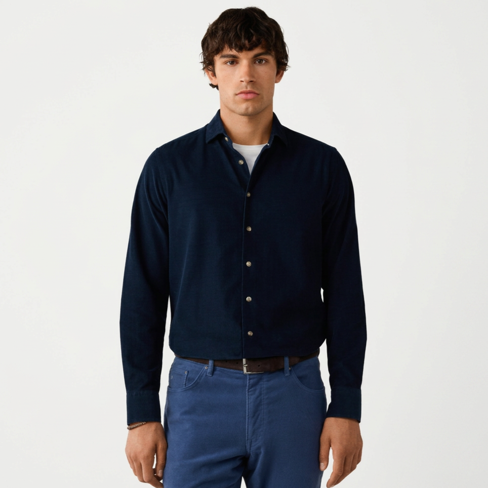 Front View of Model in Hackett Babycord Shirt in Navy