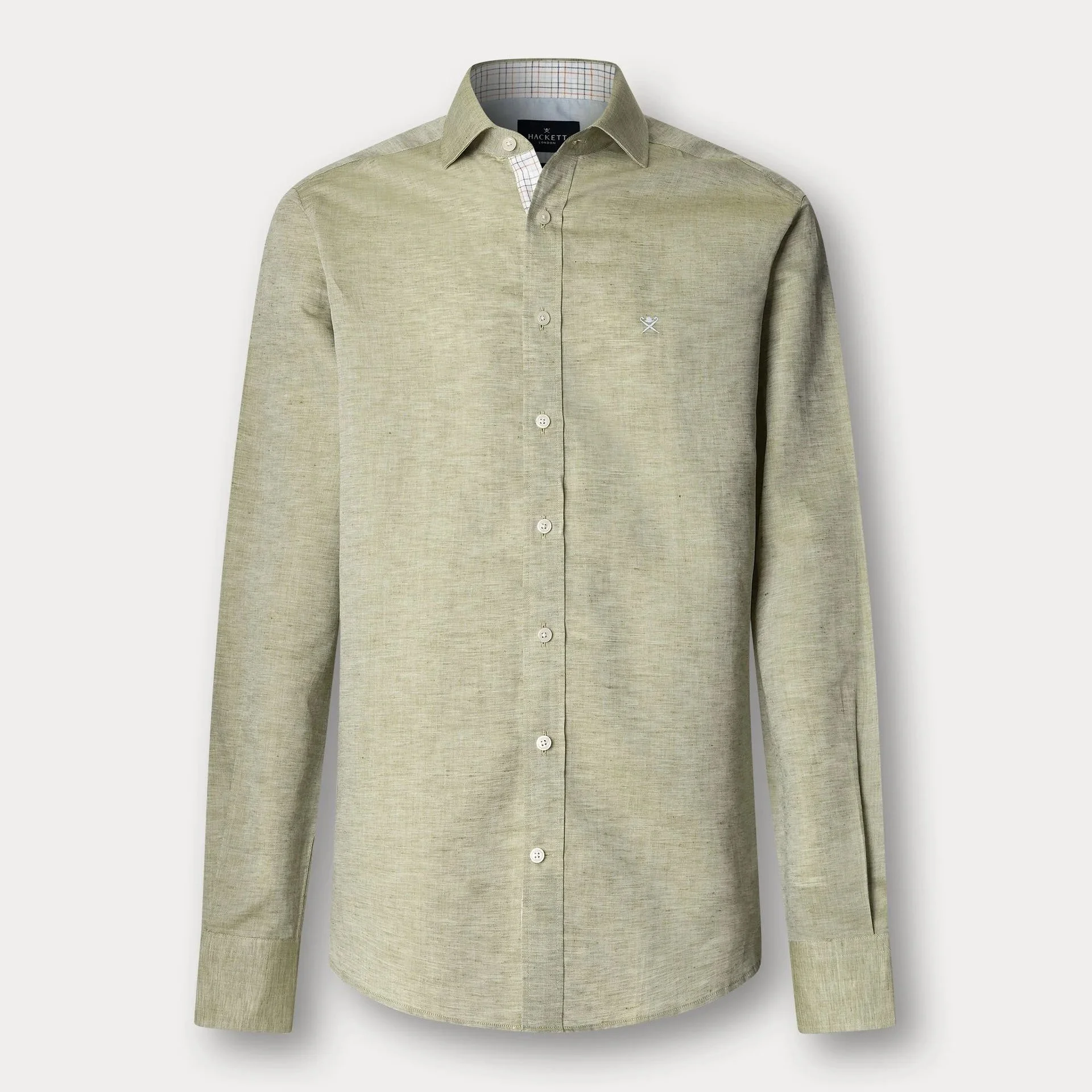 Flat View of Hackett Slim Fit Cotton and Linen Shirt in Green