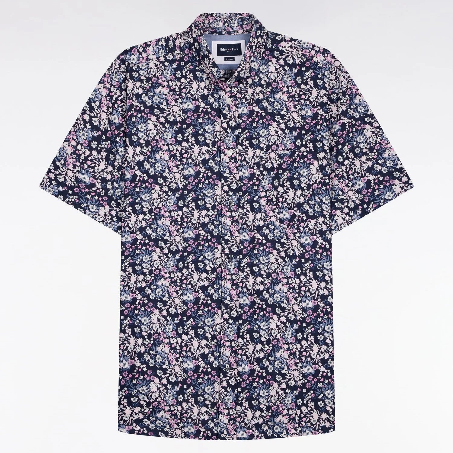 Flat View of Eden Park Floral Short Sleeve Shirt in Navy and Pink