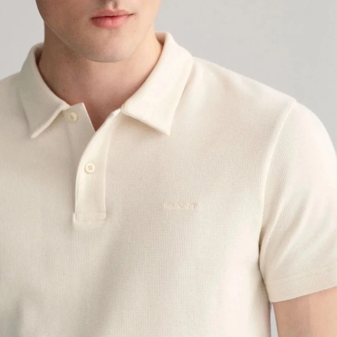 Detail Model View of GANT Waffle Texture Polo Shirt in Cream