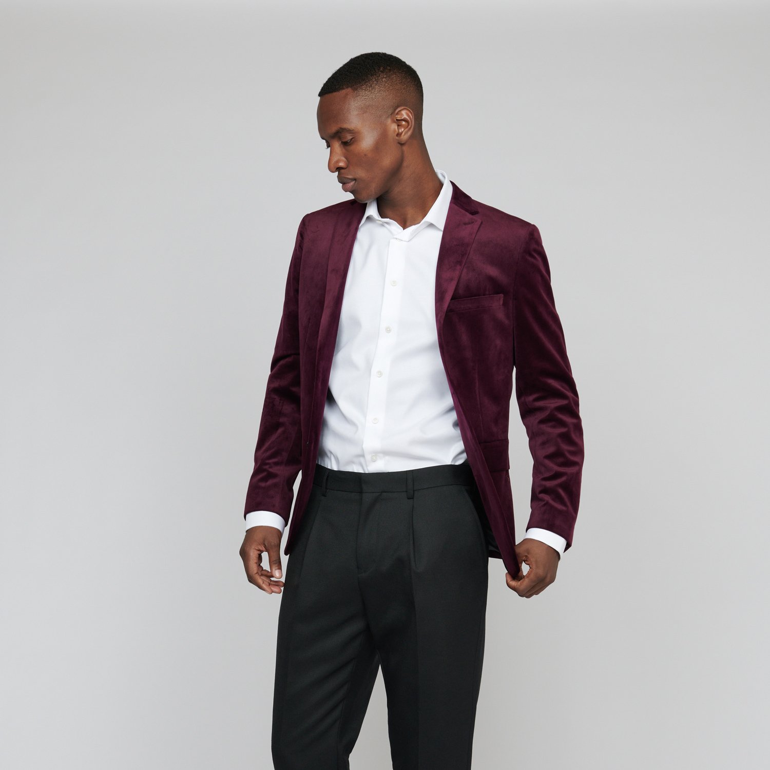 Full View of Model in Matinique Slim Fit Velvet Jacket in Burgundy