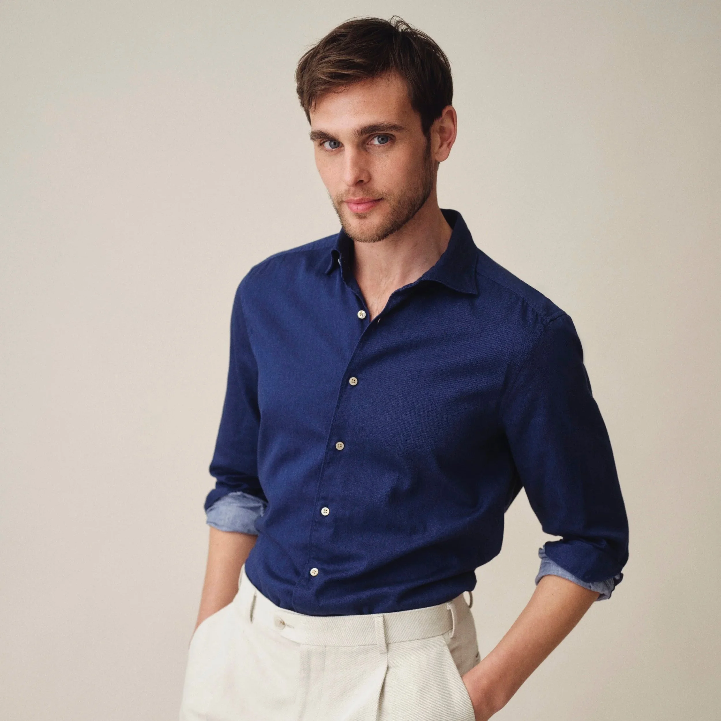 Model View of View of Stenstroms Luxury Flannel Shirt in Navy