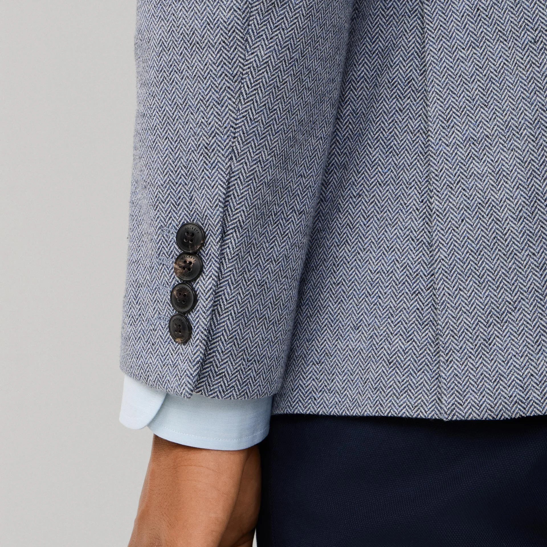 Detail View of Hackett Herringbone Blazer in Blue and Light Blue