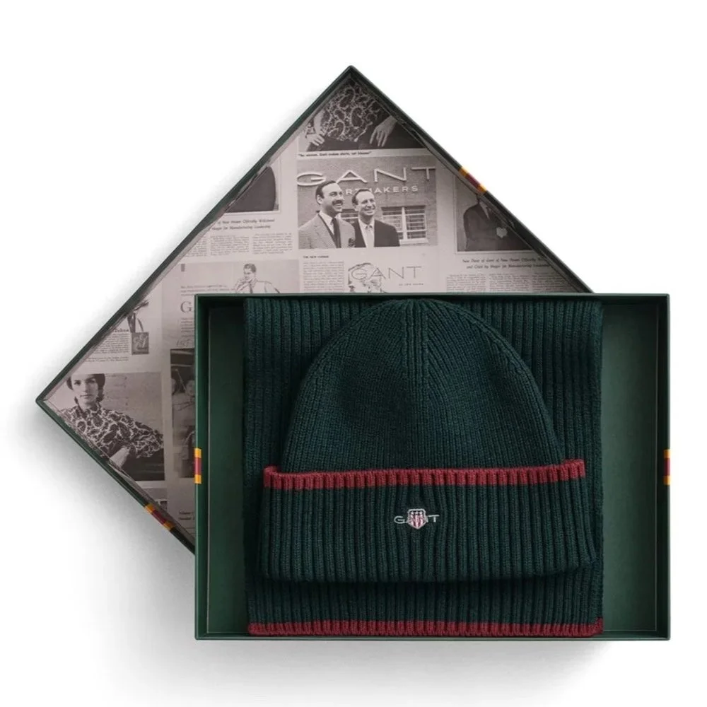 Open Box View of GANT Beanie and Scarf Gift Set in Green