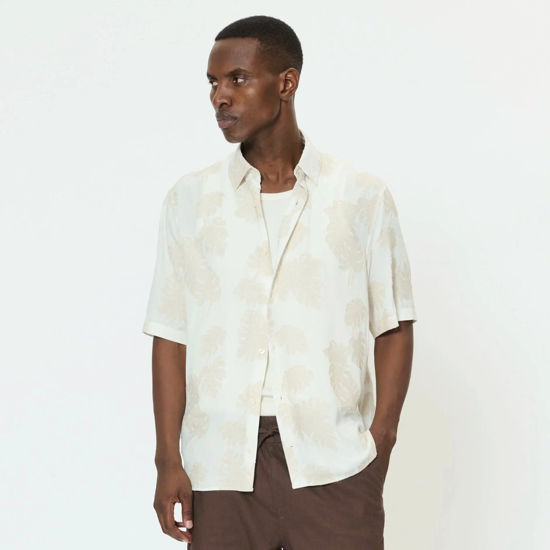 Model View of Matinique Viscose and Linen Short Sleeve in White and Sand