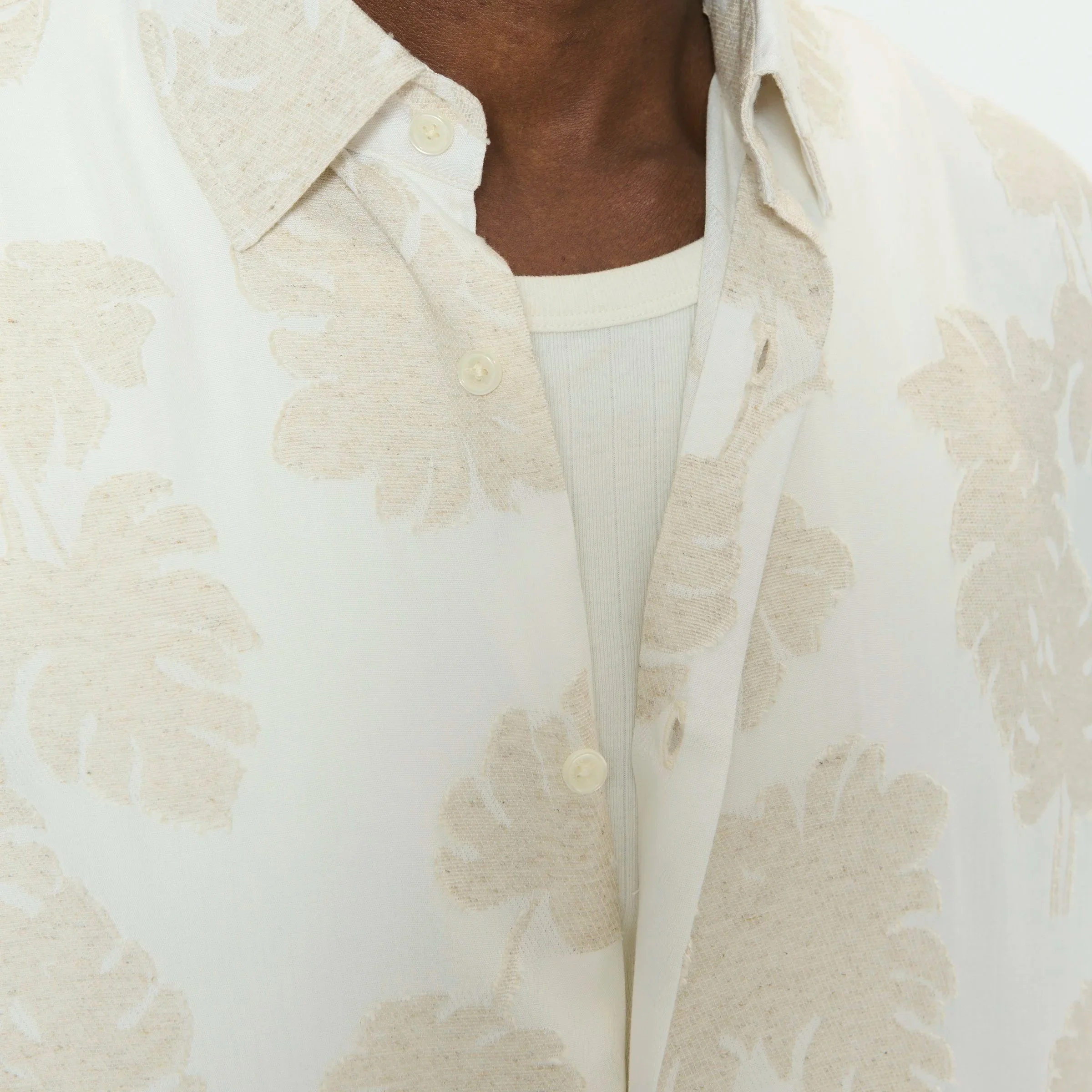 Close View of Matinique Viscose and Linen Short Sleeve in White and Sand