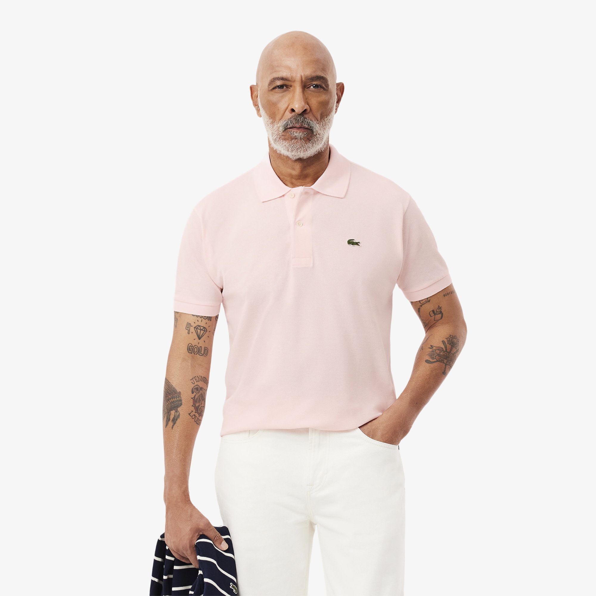Full View of Model in Lacoste Original Piqué Polo in Light Pink