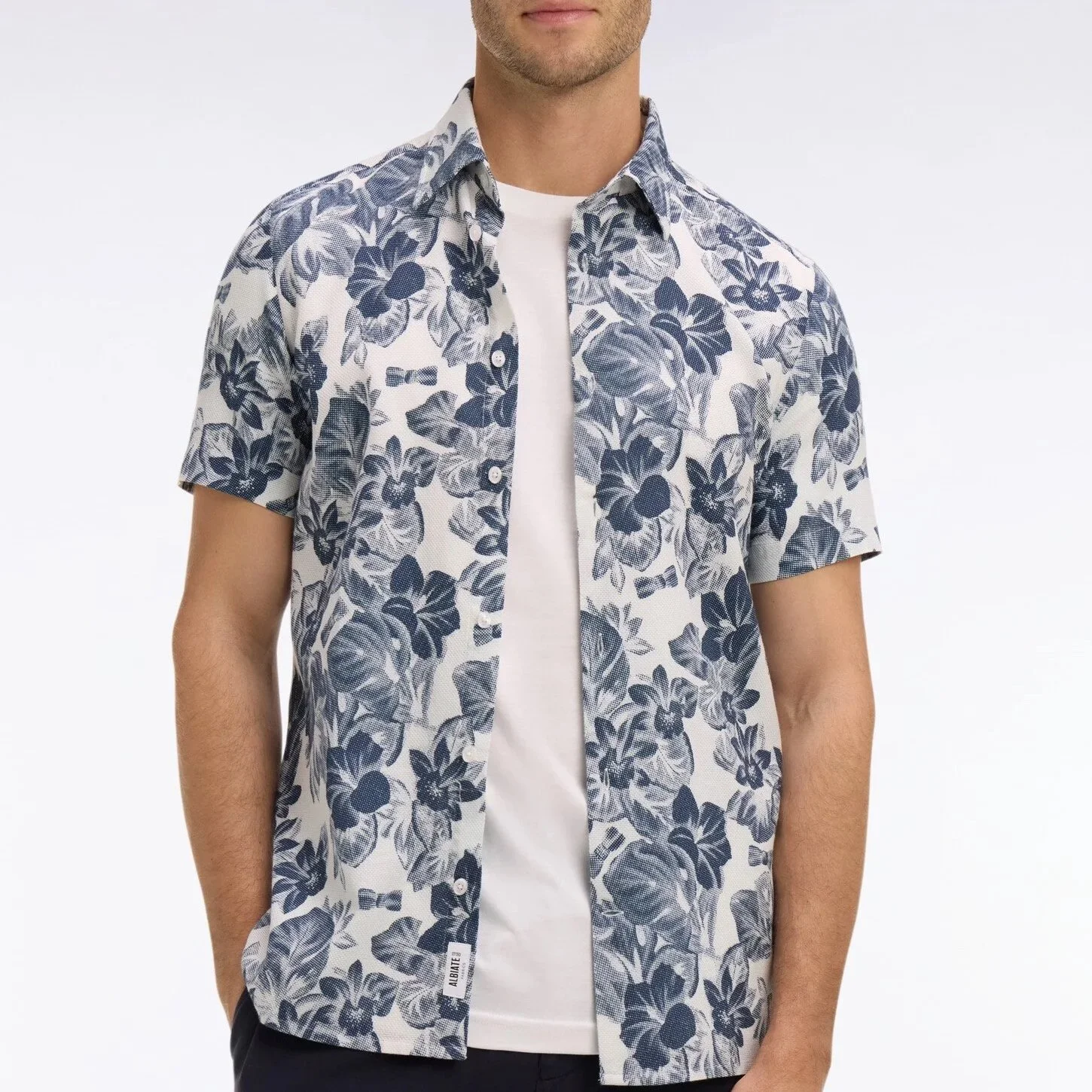 Model View of Eden Park Slim Fit Floral Short Sleeve Shirt in White and Blue