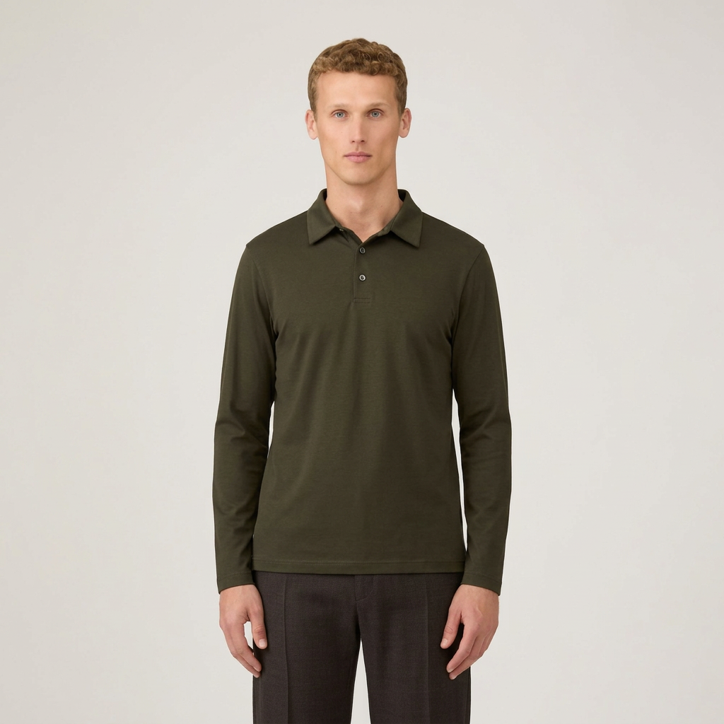 Front View of Model in Sunspel Luxury Long Sleeve Jersey Polo in Anthracite Green | Westdaw Menswear
