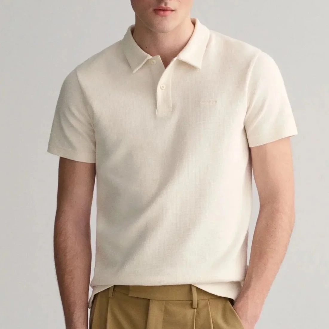 Model View of GANT Waffle Texture Polo Shirt in Cream