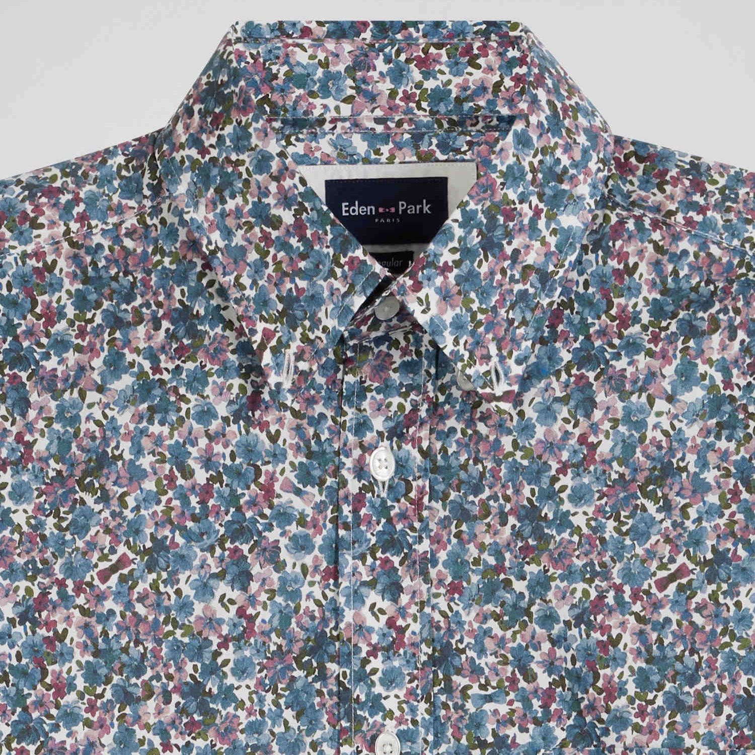 Detail View of Eden Park Floral Shirt in Aqua and Burgundy