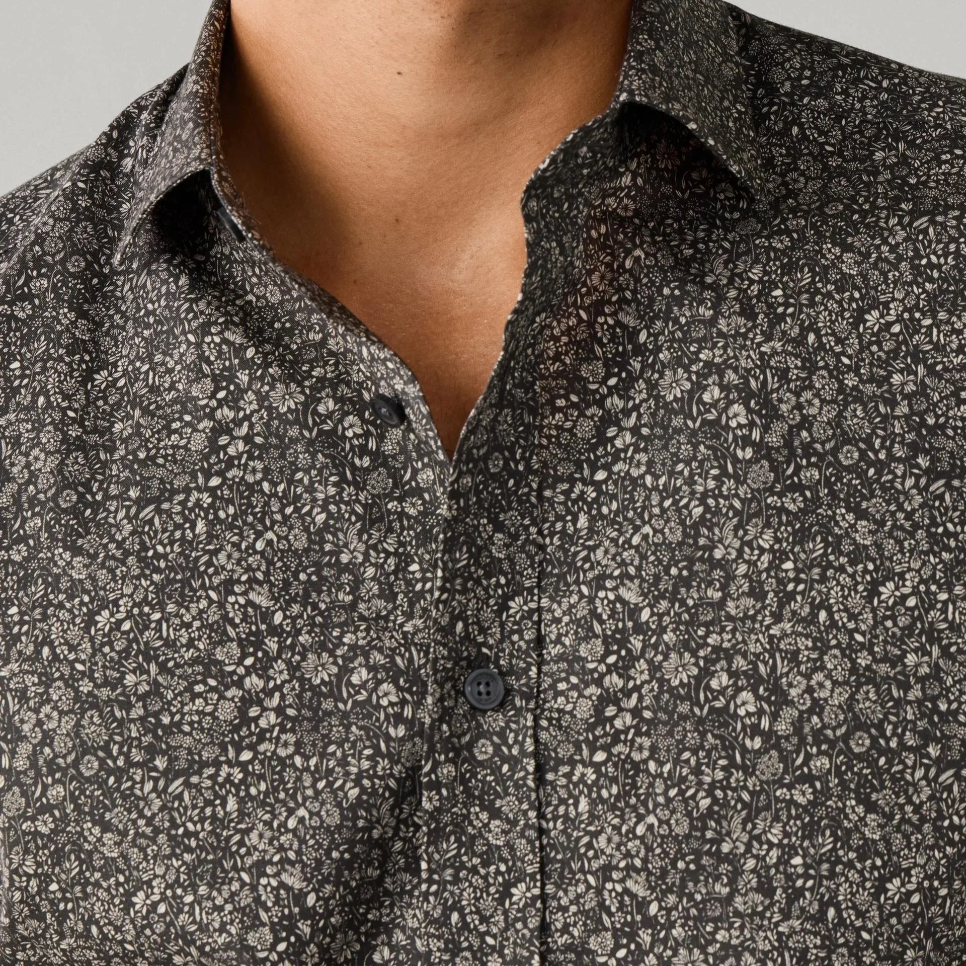 Close View of Model in Hackett Wildflower Print Shirt in Brown