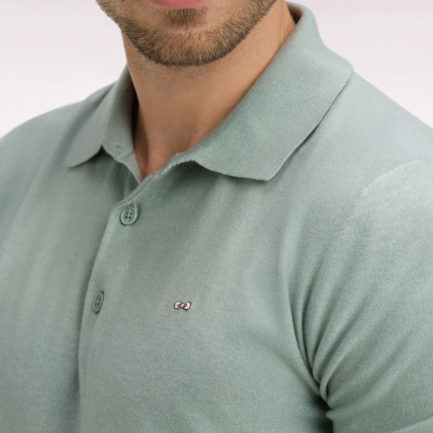 Close View of Eden Park Knitted Polo in Soft Green