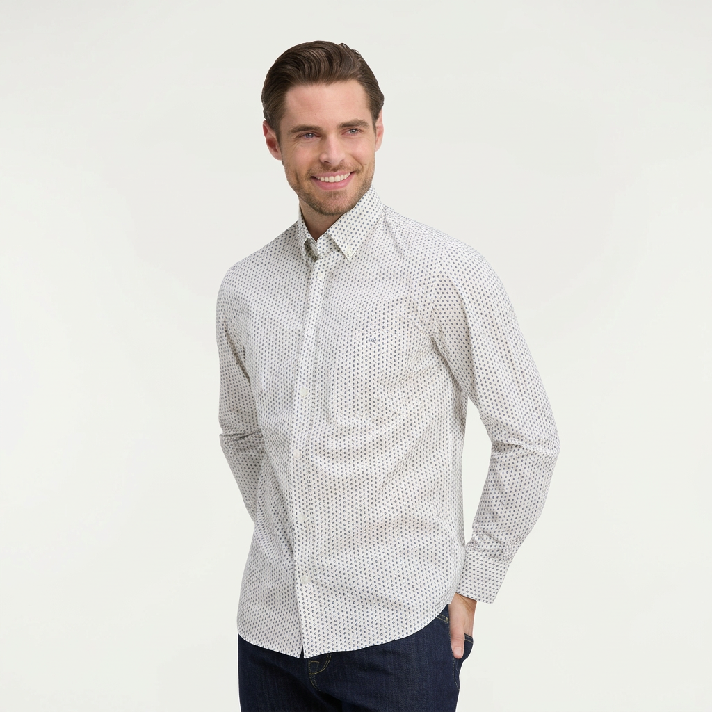 Front View of Model in Eden Park Micro Pattern Poplin Shirt in White and Blue