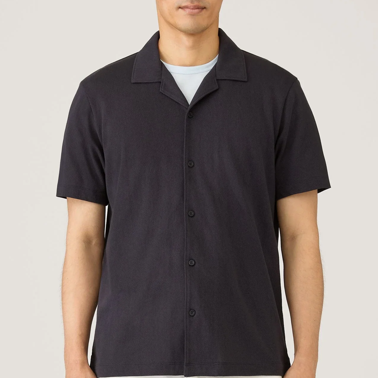 Model View of Sunspel Luxury Mesh Short Sleeve Shirt in Navy