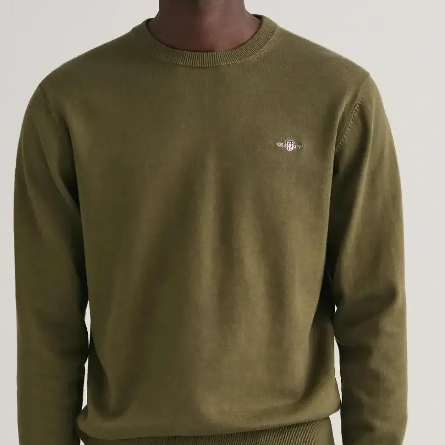 Close Model View of GANT Fine Cotton Crew Jumper in Olive Green
