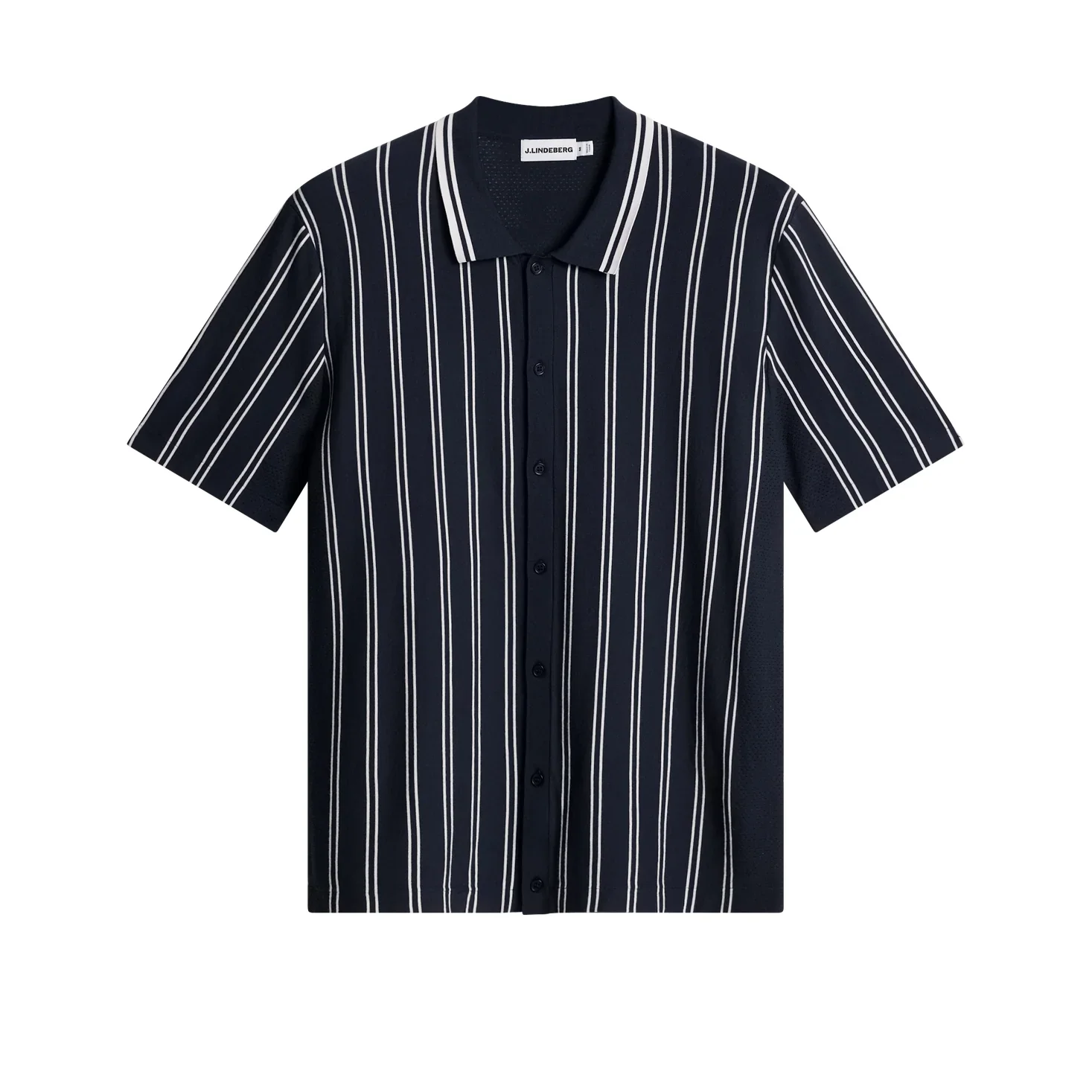 Flat View of J Lindeberg Stripe Knitted Short Sleeve Shirt in Navy and White
