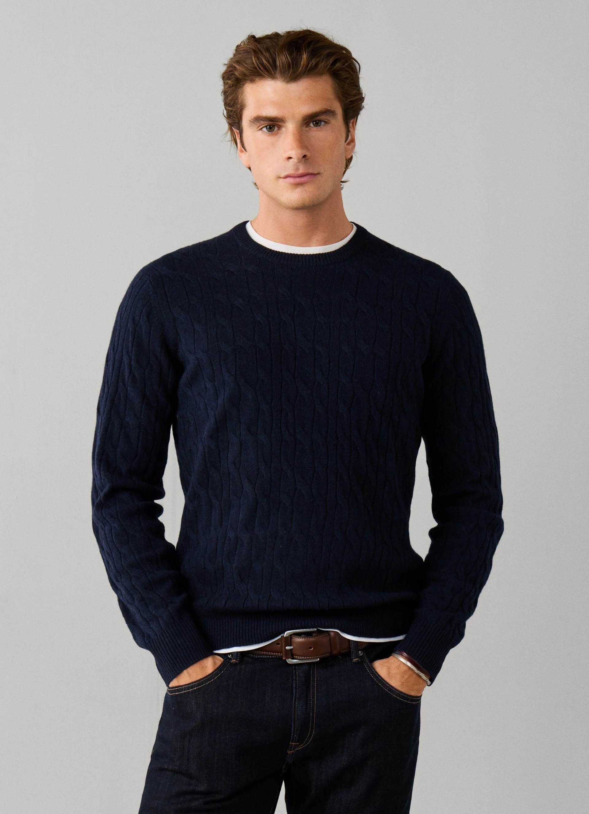 Front View of Model in Hackett Lambswool Cable Crew Neck Jumper in Navy