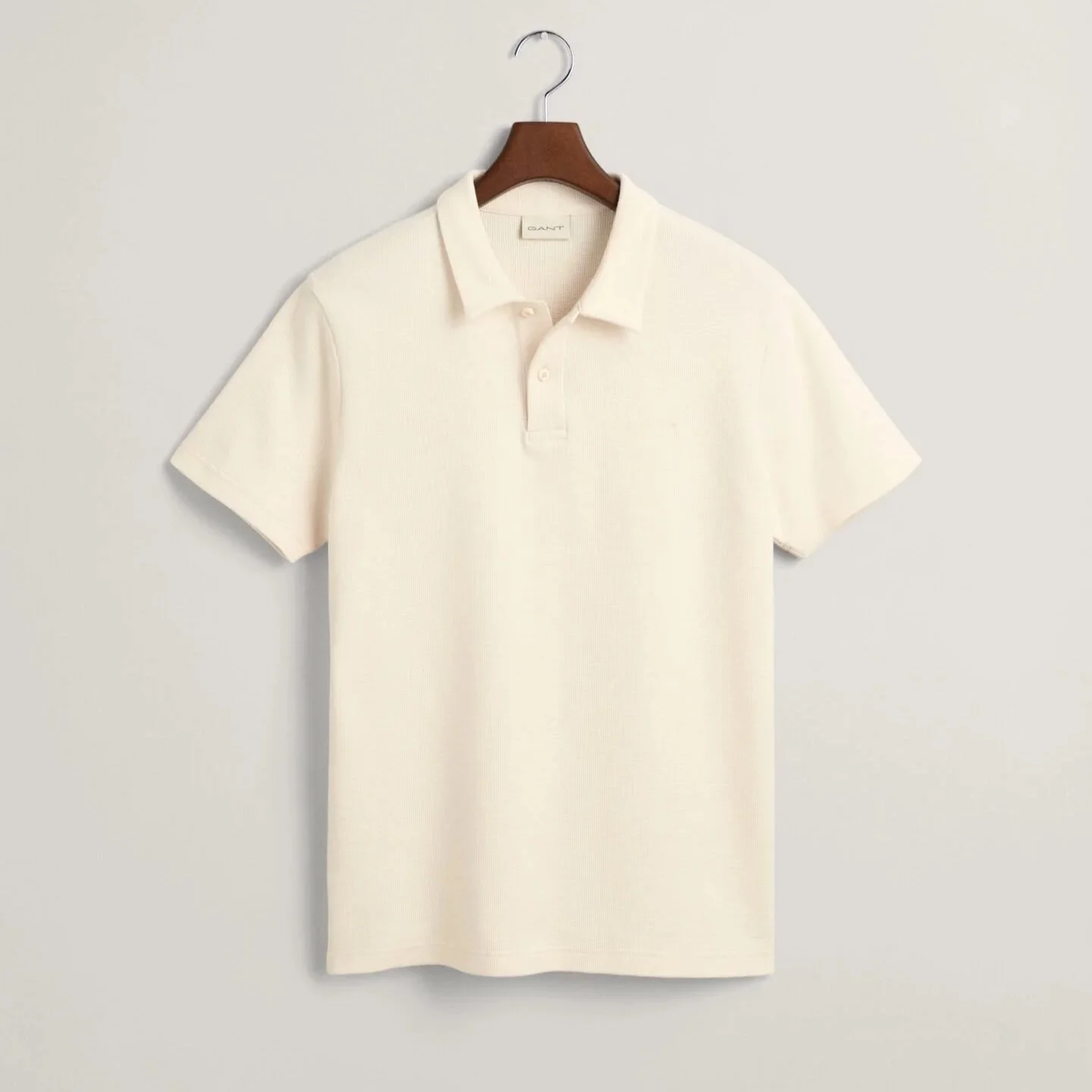 Flat View of GANT Waffle Texture Polo Shirt in Cream
