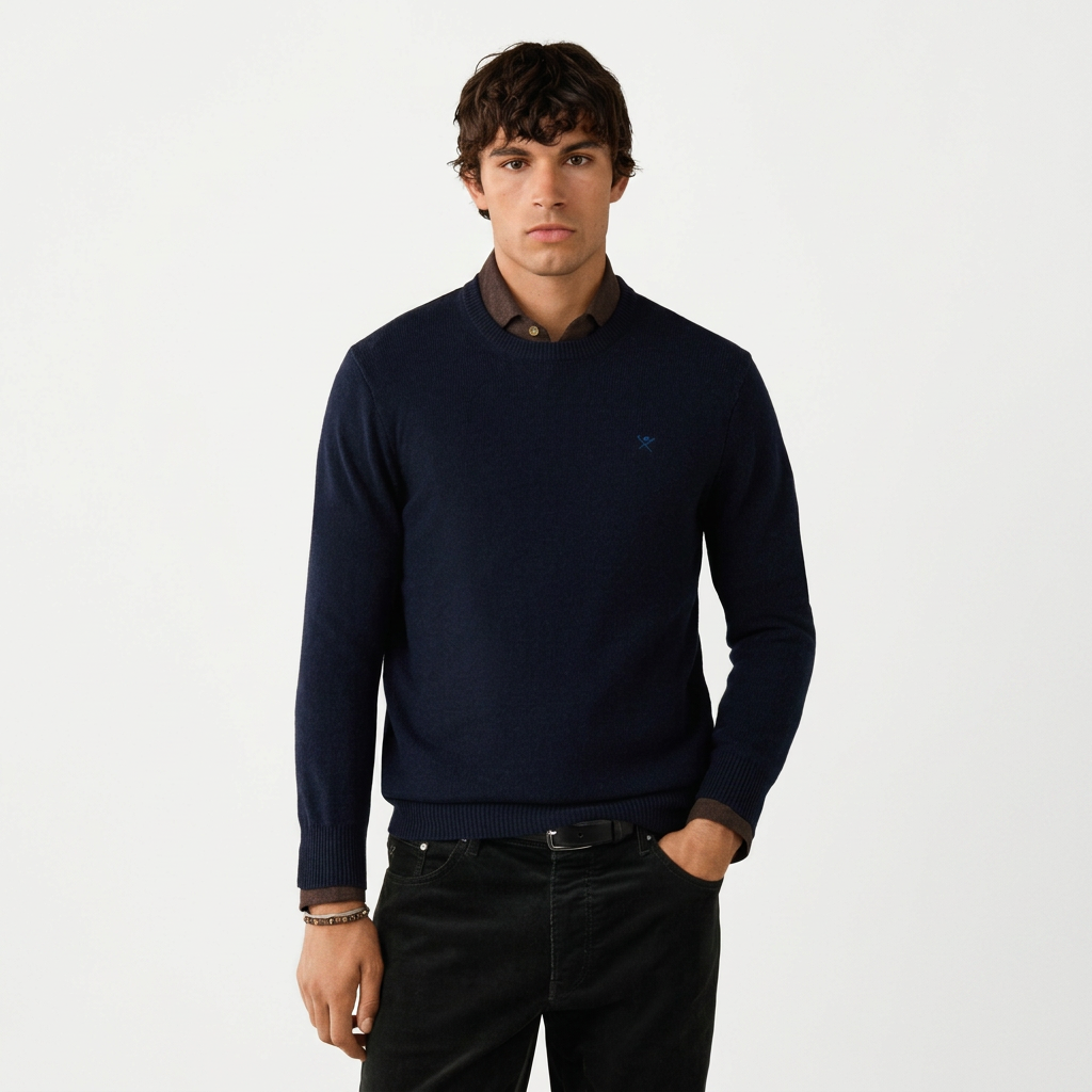 Front View of Model in Hackett Lambswool Crew Neck Jumper in Navy