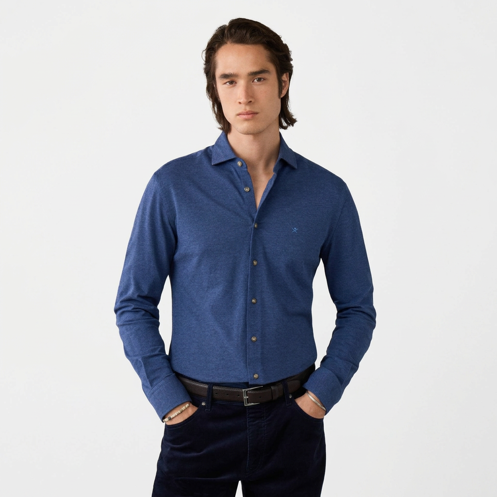 Front View of Model in Hackett Jersey Piqué Shirt in Mid Blue