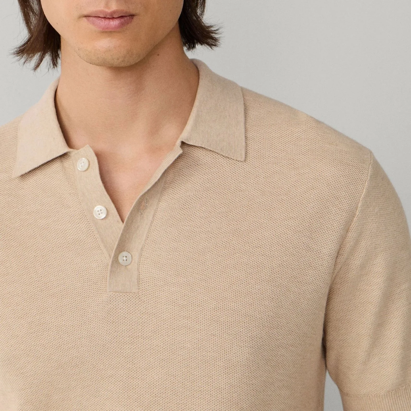 Close View of Hackett Cashmere Mix Texture Polo in Sand