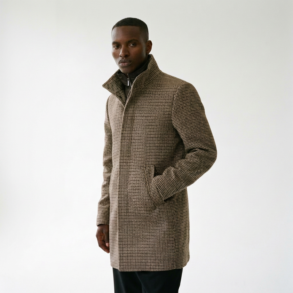 Front View of Model in Matinique Check Slim Fit Funnel Neck Coat in Simply Taupe and Brown