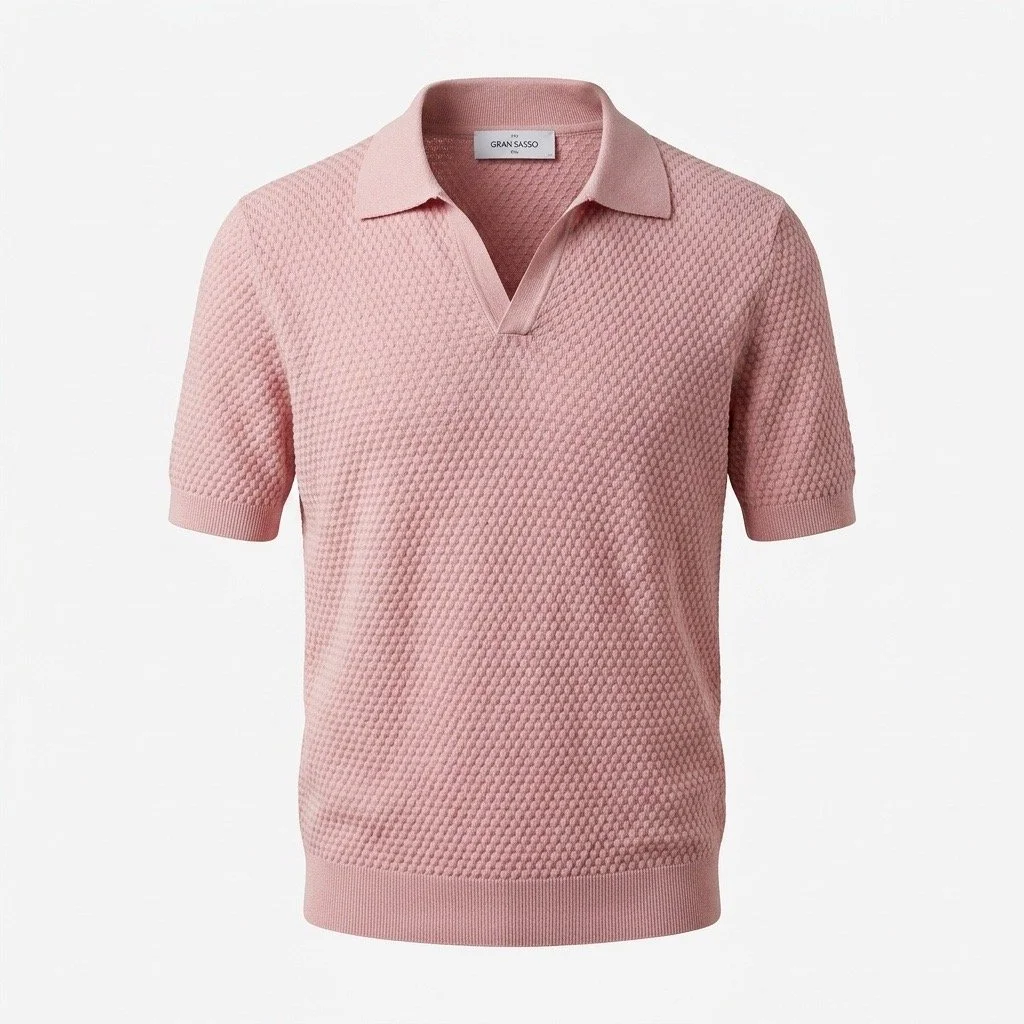 Flat View of Gran Sasso Luxury Texture Knitted Polo in Soft Pink