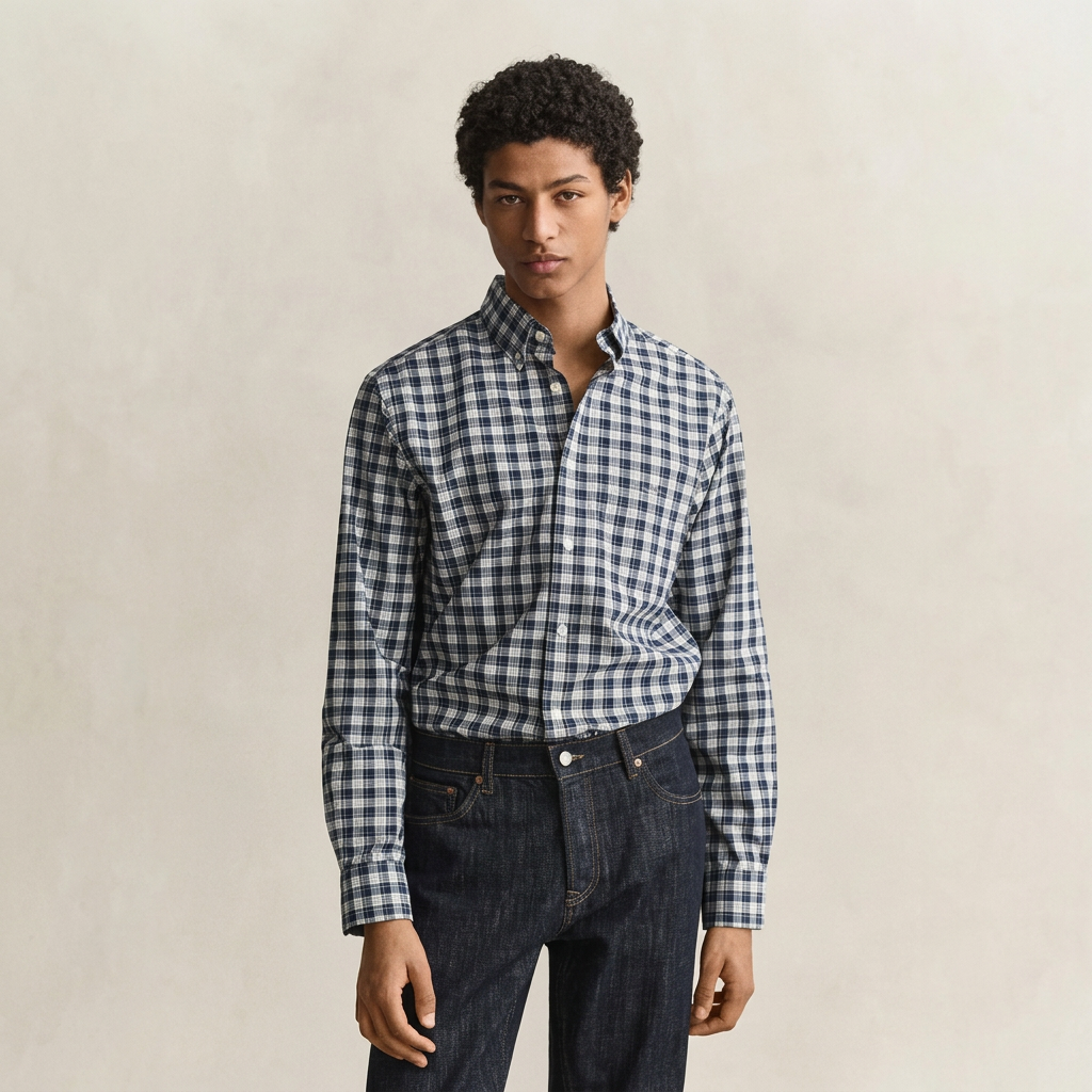 Front View of Model in GANT Regular Fit Poplin Check Shirt in Dark Emerald Green and White