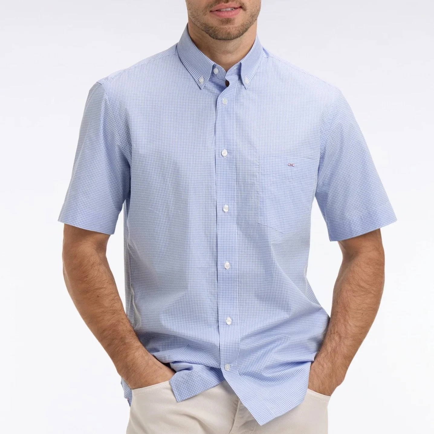 Model View of Eden Park Check Poplin Short Sleeve Shirt in Blue