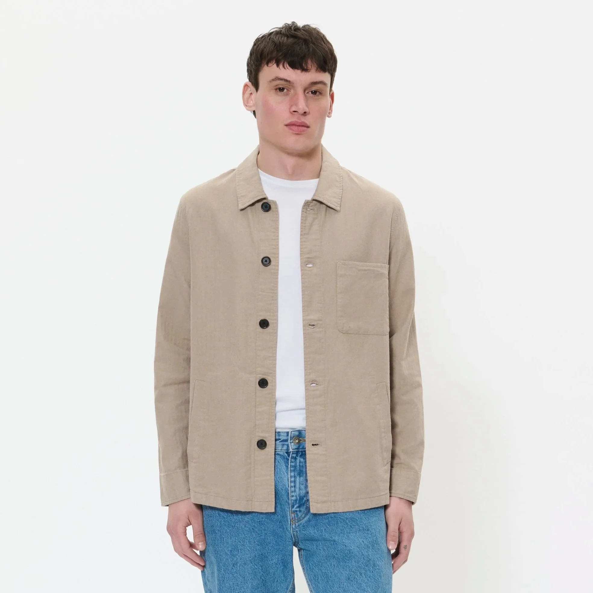 Model View of Matinique Cotton and Linen Overshirt in Sand