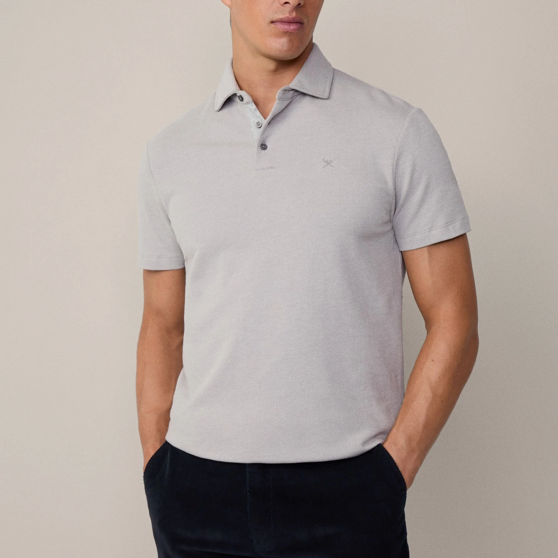 Full View of Model in Hackett Twill Polo in Taupe