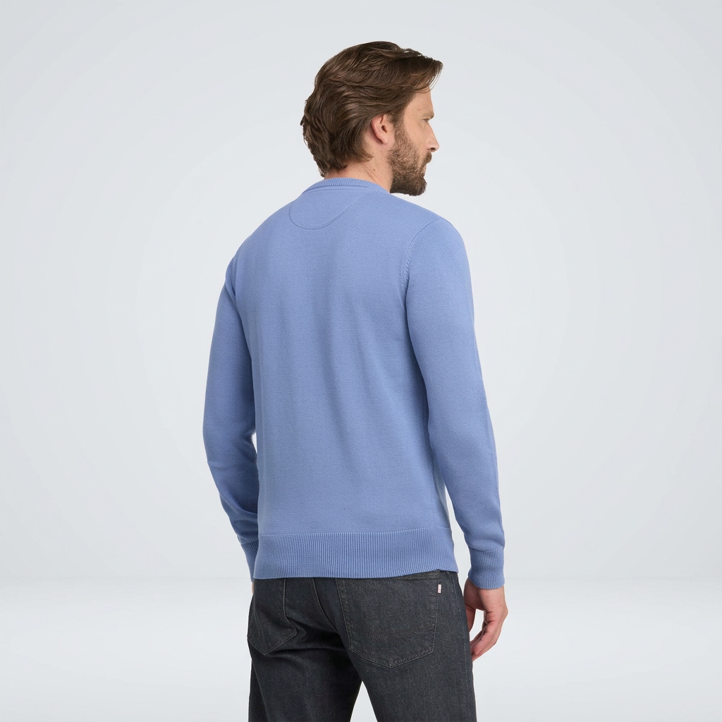 Back View of Model in Eden Park Cotton Crew Neck Jumper in Light Blue