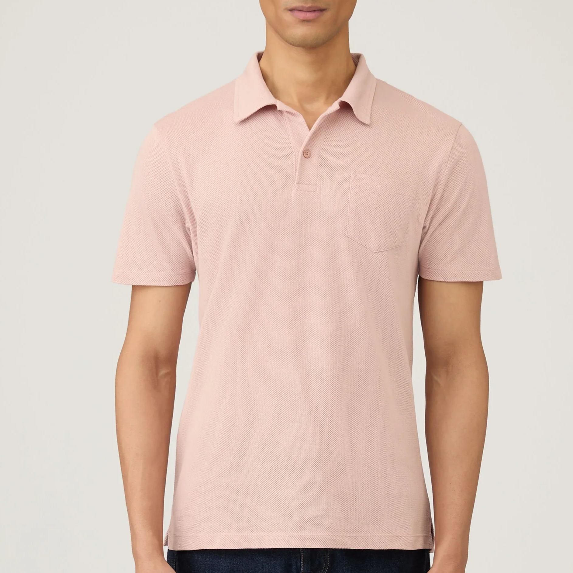 Model View of Sunspel Luxury Riviera Polo in Pink