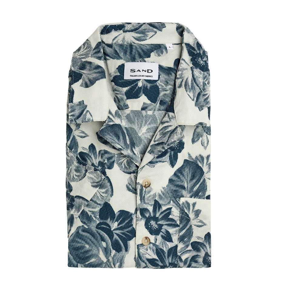 Flat View of SAND Copenhagen Luxury Floral Short Sleeve Shirt in White and Denim Blue