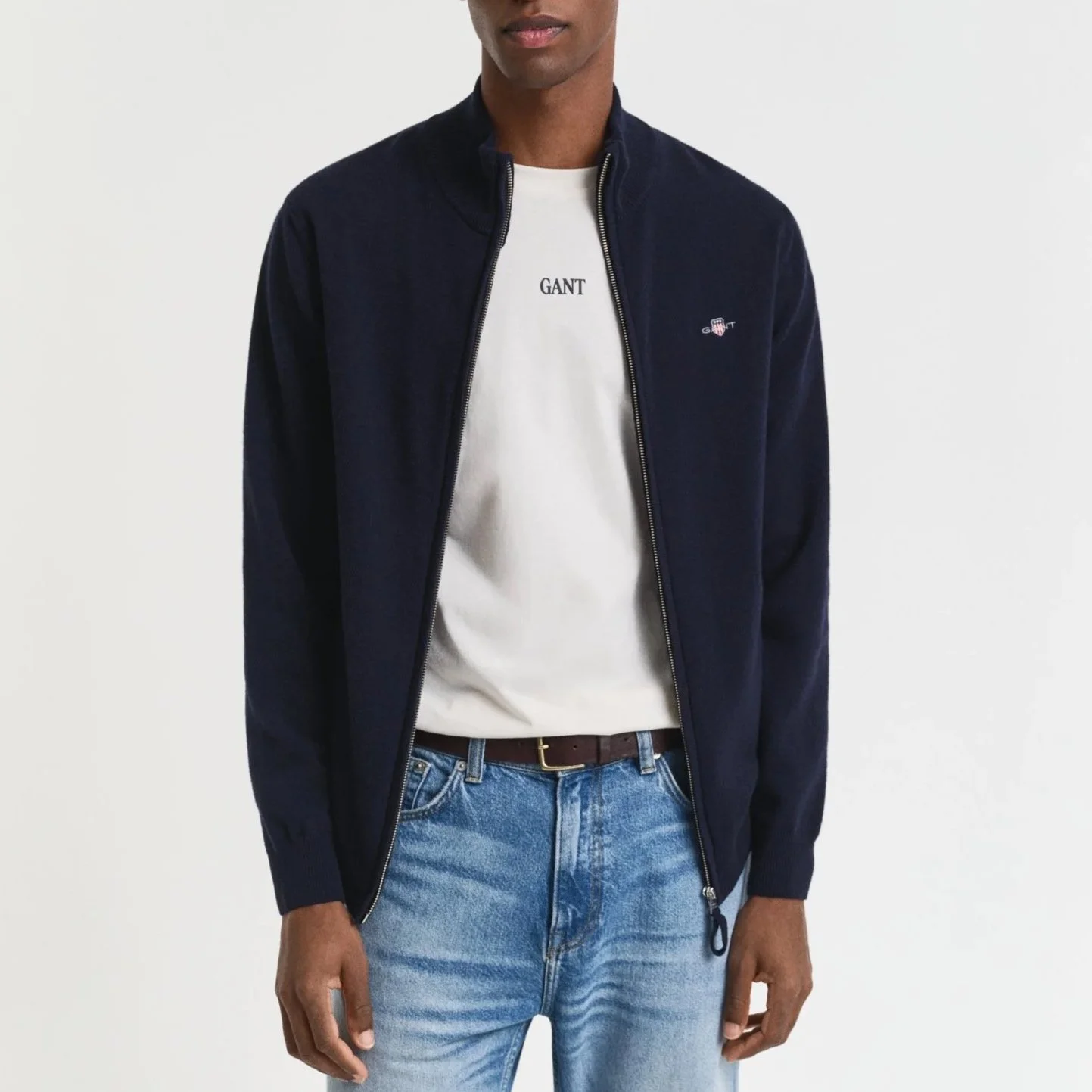Model View of GANT Superfine Wool Zip Cardigan in Navy